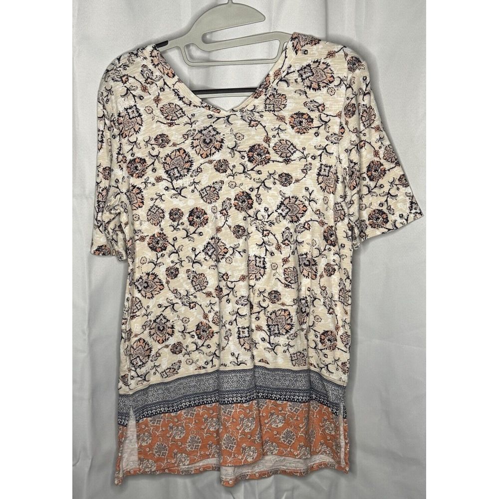 J JILL PIMA DOUBLE V ELBOW SLEEVE TUNIC BISQUE TAPESTRY FLORAL Sz Small